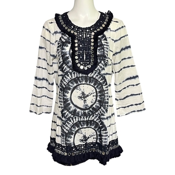 Tory Burch Stephanie Mirrored Embellished Fringe Navy Tie Dye Tunic Top Size 10 - Picture 1 of 11